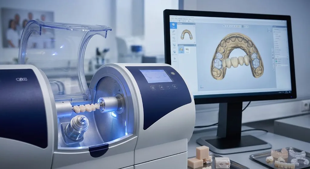 Dental milling machine beside a CAD workstation